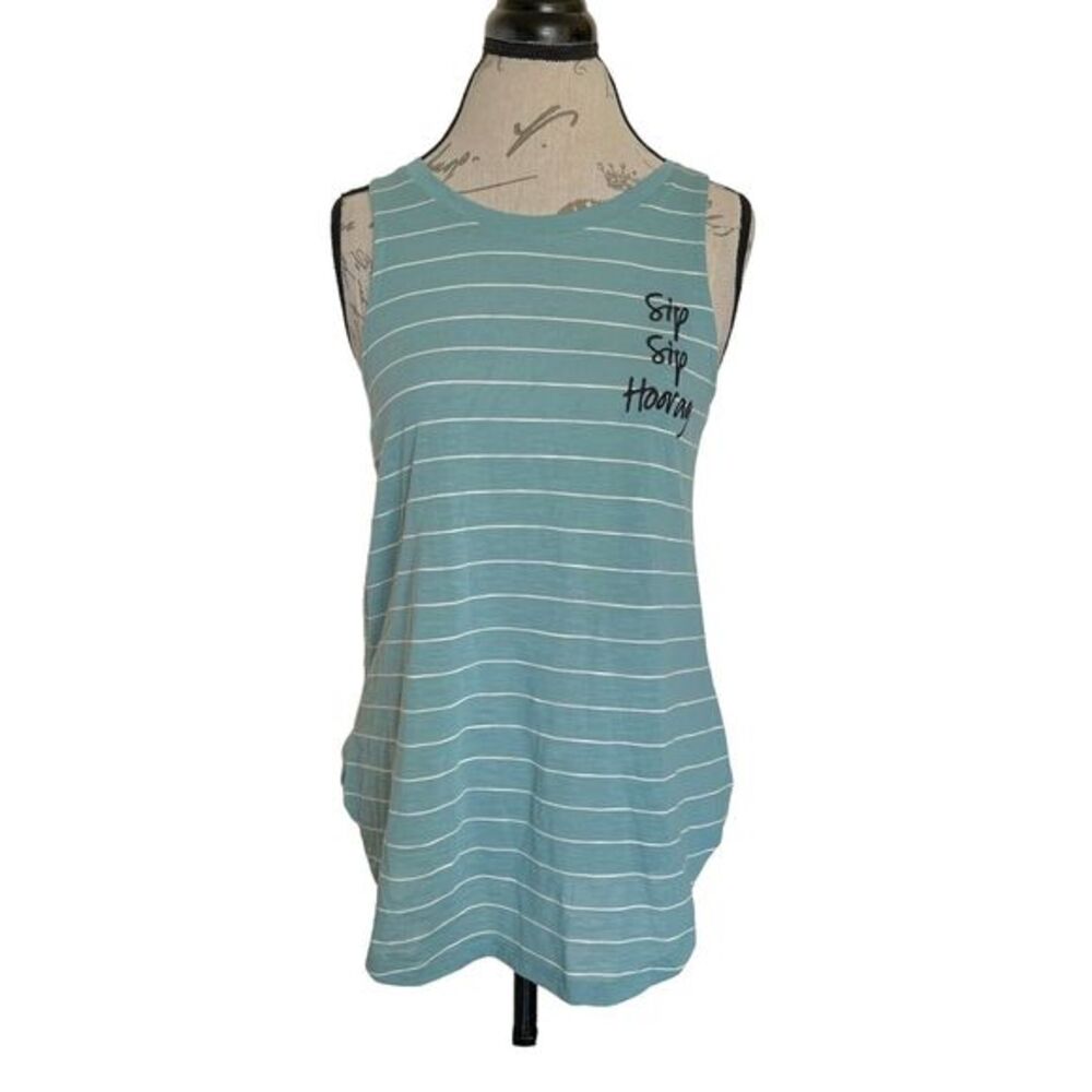 Zoe + Liv Womens Tank Top Blouse Size Medium Green Striped Embroidered Printed